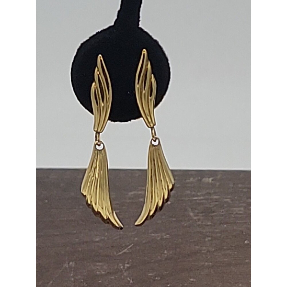 Vtg Trifari Dangle Earrings Clip On Gold Tone Geometric Mod Art Deco Signed 1.8"